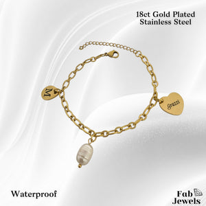 18ct Gold Plated Stainless Steel Thank you / Grazzi Personalised Initial Charm Bracelet with FreshWater Peart