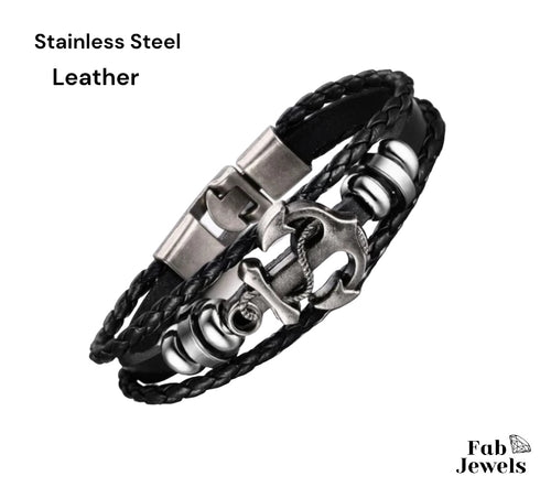 Leather and Stainless Steel Anchor Bracelet.