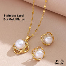Load image into Gallery viewer, 18ct Yellow Gold Plated Stainless Steel Pearl Set Necklace Pendant and Matching Earrings