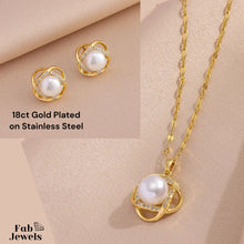 Load image into Gallery viewer, 18ct Yellow Gold Plated Stainless Steel Pearl Set Necklace Pendant and Matching Earrings