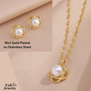 18ct Yellow Gold Plated Stainless Steel Pearl Set Necklace Pendant and Matching Earrings