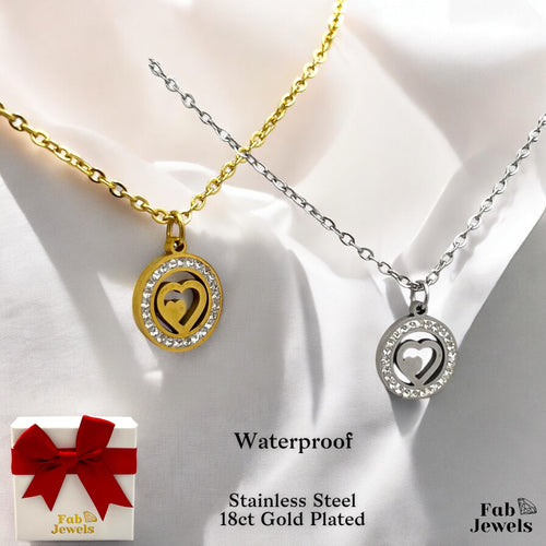 18ct Gold Plated Waterproof Round Heart Pendant with Cubic Zirconia Stainless Steel Necklace