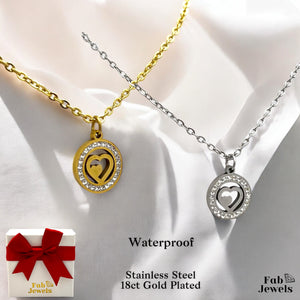 18ct Gold Plated Waterproof Round Heart Pendant with Cubic Zirconia Stainless Steel Necklace