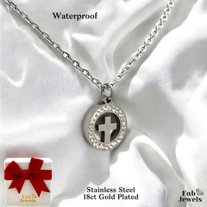 18ct Gold Plated Waterproof Round Cross Pendant with Cubic Zirconia Stainless Steel Necklace