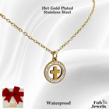 Load image into Gallery viewer, 18ct Gold Plated Waterproof Round Cross Pendant with Cubic Zirconia Stainless Steel Necklace