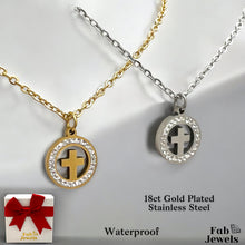 Load image into Gallery viewer, 18ct Gold Plated Waterproof Round Cross Pendant with Cubic Zirconia Stainless Steel Necklace