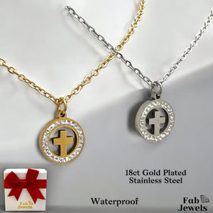 18ct Gold Plated Waterproof Round Cross Pendant with Cubic Zirconia Stainless Steel Necklace