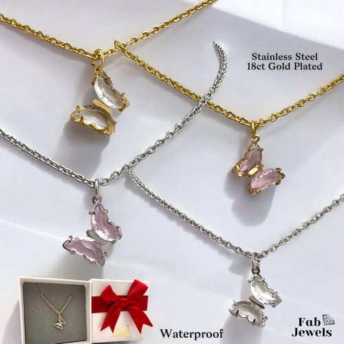 18ct Gold Plated on Stainless Steel Silver Gold Pink White Butterfly Pendant with Necklace