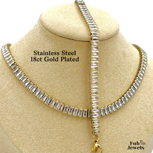 Yellow Gold Plated Stainless Steel Tennis Set Necklace and Bracelet Nicely Detailed with Cubic Zirconia