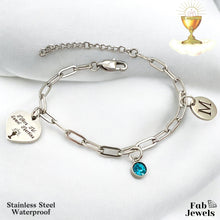 Load image into Gallery viewer, Stainless Steel Holy Communion Charm Bracelet with Personalised Initial and Birthstone Tifkira tal Ewwel Tqarbina