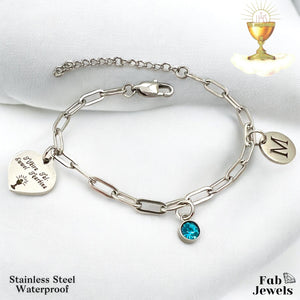 Stainless Steel Holy Communion Charm Bracelet with Personalised Initial and Birthstone Tifkira tal Ewwel Tqarbina