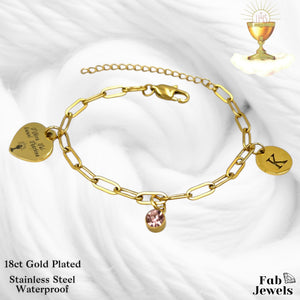 Stainless Steel Holy Communion Charm Bracelet with Personalised Initial and Birthstone Tifkira tal Ewwel Tqarbina