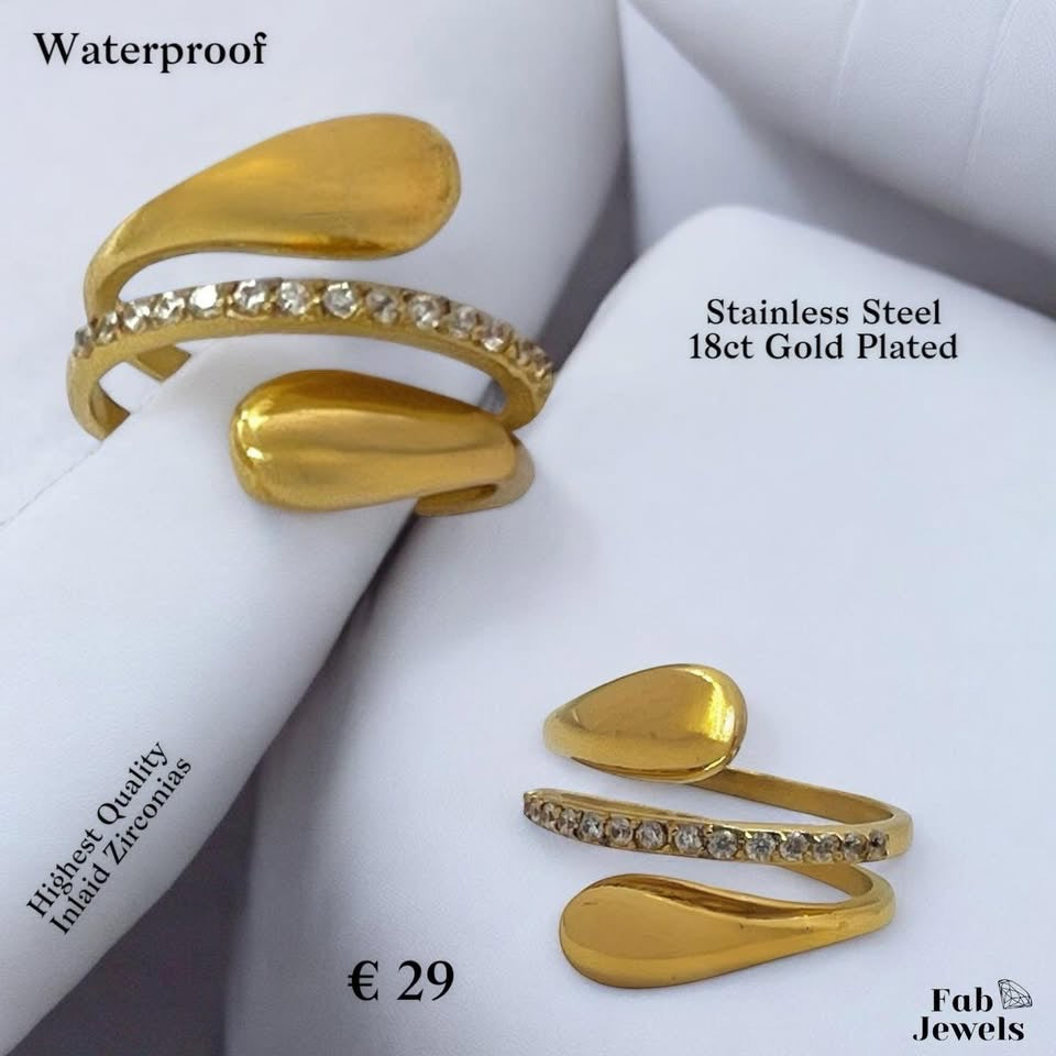 Highest Quality 18ct Gold Plated Stainless Steel WaterProof Spiral Ring with Inlaid Cubic Zirconias