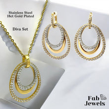 Load image into Gallery viewer, 18ct Gold Plated on Stainless Steel Statement Diva Set with Inlaid Cubic Zirconias Pendant Hypoallergenic Earrings