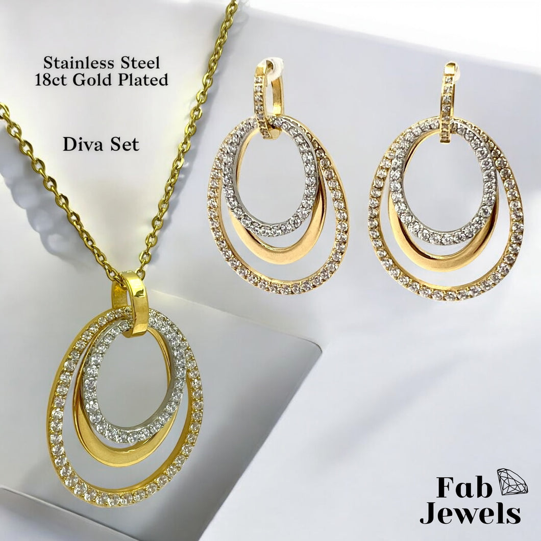 18ct Gold Plated on Stainless Steel Statement Diva Set with Inlaid Cubic Zirconias Pendant Hypoallergenic Earrings