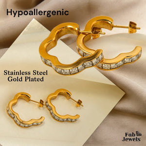 Stainless Steel Hypoallergenic Clover Hoop Earrings with Cubic Zirconia
