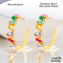 Load image into Gallery viewer, Hypoallergenic Yellow Gold Plated Hoop Earrings with Multicoloured Inlaid Cubic Zirconias