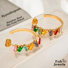 Load image into Gallery viewer, Hypoallergenic Yellow Gold Plated Hoop Earrings with Multicoloured Inlaid Cubic Zirconias