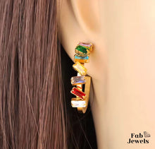 Load image into Gallery viewer, Hypoallergenic Yellow Gold Plated Hoop Earrings with Multicoloured Inlaid Cubic Zirconias