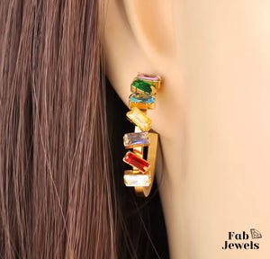 Hypoallergenic Yellow Gold Plated Hoop Earrings with Multicoloured Inlaid Cubic Zirconias