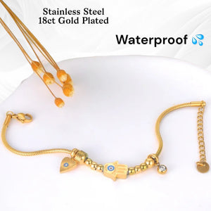 18ct Gold Plated Stainless Steel Silver Hamsa Hands Heart Bracelet Waterproof