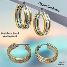 Load image into Gallery viewer, Stainless Steel Hypoallergenic Gold Plated 2 Tone Hoop Earrings