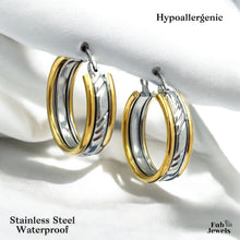 Load image into Gallery viewer, Stainless Steel Hypoallergenic Gold Plated 2 Tone Hoop Earrings