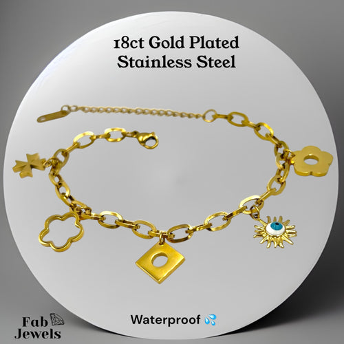 18ct Gold Plated Stainless Steel Charm Bracelet Clover Flower Maltese Cross Evil Eye