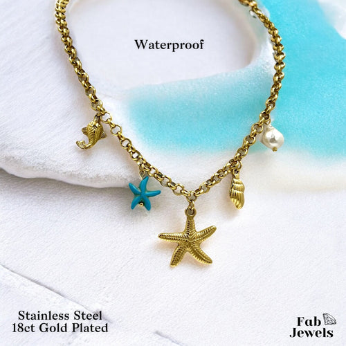 18ct Gold Plated Stainless Steel Summer Necklace with  Seashell Starfish Conch Pearl Fish Charms