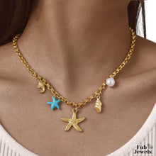 Load image into Gallery viewer, 18ct Gold Plated Stainless Steel Summer Necklace with  Seashell Starfish Conch Pearl Fish Charms