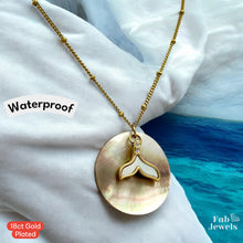 Load image into Gallery viewer, 18ct Gold Plated on Stainless Steel Mermaid Tail Pendant Mother of Pearl Background Necklace Included