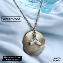 Load image into Gallery viewer, 18ct Gold Plated on Stainless Steel Mermaid Tail Pendant Mother of Pearl Background Necklace Included