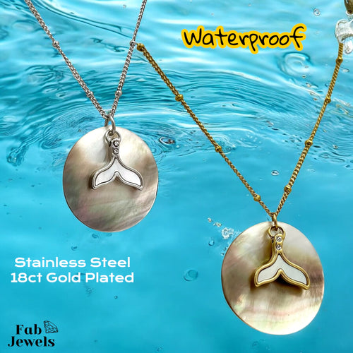 18ct Gold Plated on Stainless Steel Mermaid Tail Pendant Mother of Pearl Background Necklace Included