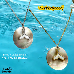 18ct Gold Plated on Stainless Steel Mermaid Tail Pendant Mother of Pearl Background Necklace Included