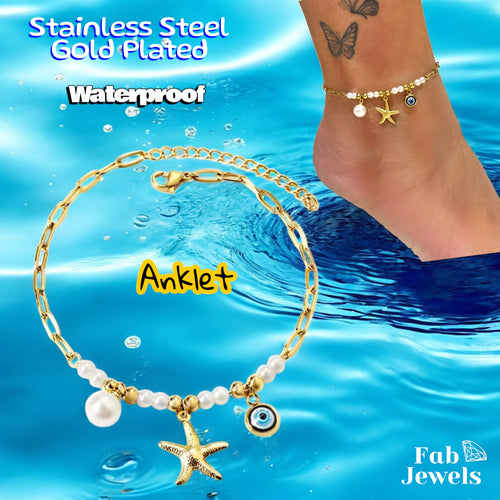 Stainless Steel Gold Plated Ankle Ankle Chain with Pearls Starfish Evil Eye Charms