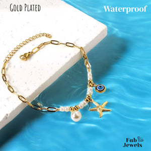 Stainless Steel Gold Plated Ankle Ankle Chain with Pearls Starfish Evil Eye Charms
