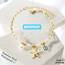 Load image into Gallery viewer, Stainless Steel Gold Plated Ankle Ankle Chain with Pearls Starfish Evil Eye Charms