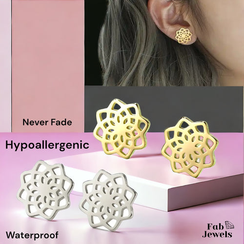 Stainless Steel Hypoallergenic Flower Stud Earrings Silver Yellow Gold