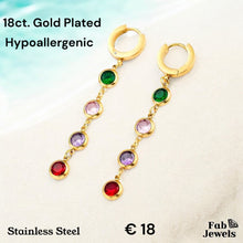 Load image into Gallery viewer, Stainless Steel Yellow Gold Plated Hypoallergenic Dangling Long Earrings with Multicolored Cubic Zirconia