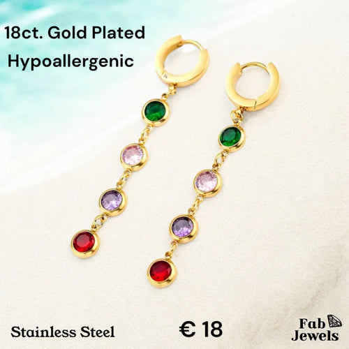 Stainless Steel Yellow Gold Plated Hypoallergenic Dangling Long Earrings with Multicolored Cubic Zirconia