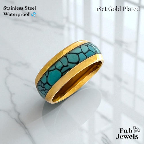 Stainless Steel Yellow Gold Plated Turquoise Band Ring Waterproof