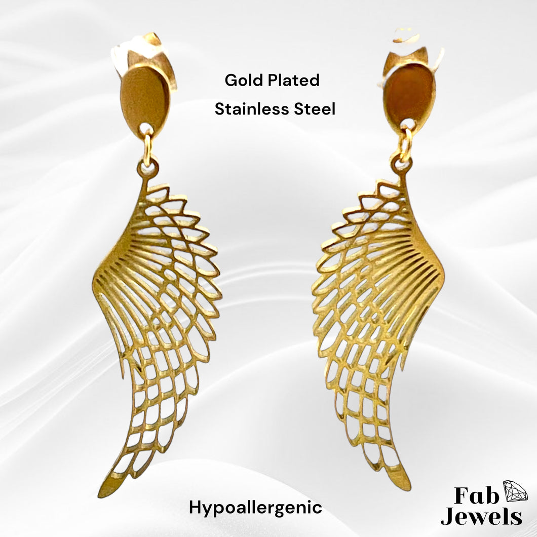 Hypoallergenic Yellow Gold Plated Stainless Steel Angel Wings Long Earrings