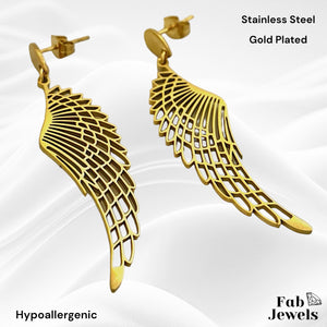 Hypoallergenic Yellow Gold Plated Stainless Steel Angel Wings Long Earrings