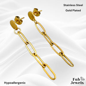 Hypoallergenic Yellow Gold Plated Stainless Steel Paperclip Chain Long Earrings