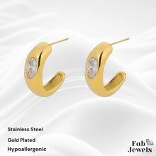 Load image into Gallery viewer, Hypoallergenic Yellow Gold Plated Half Hoop Earrings with CZ