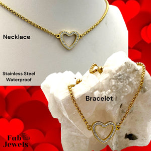 Stainless Steel Yellow Gold Plated Heart Necklace Bracelet Set with Cubic Zirconia