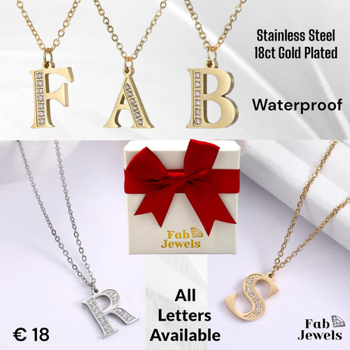 Stainless Steel 316L 18ct Yellow Gold Plated Necklace  with Letter Initial Pendant with Cubic Zirconia