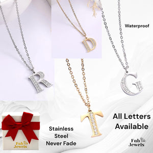 Stainless Steel 316L White Gold Plated Necklace  with Letter Initial Pendant with Cubic Zirconia