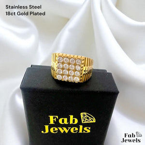 18ct Gold Plated Stainless Steel Ring Waterproof Inlaid Cubic Zirconias