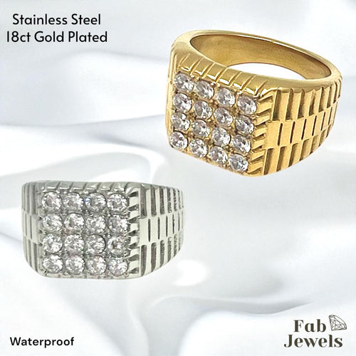 18ct Gold Plated Stainless Steel Ring Waterproof Inlaid Cubic Zirconias